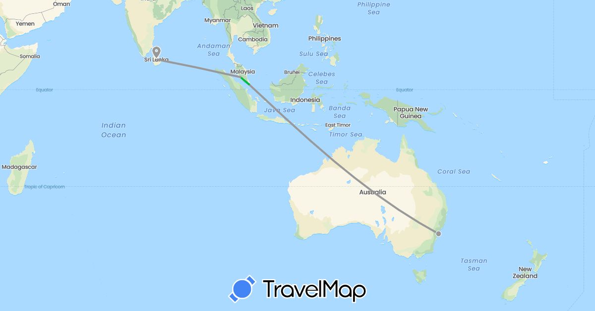 TravelMap itinerary: driving, bus, plane in Australia, Sri Lanka, Malaysia, Singapore (Asia, Oceania)